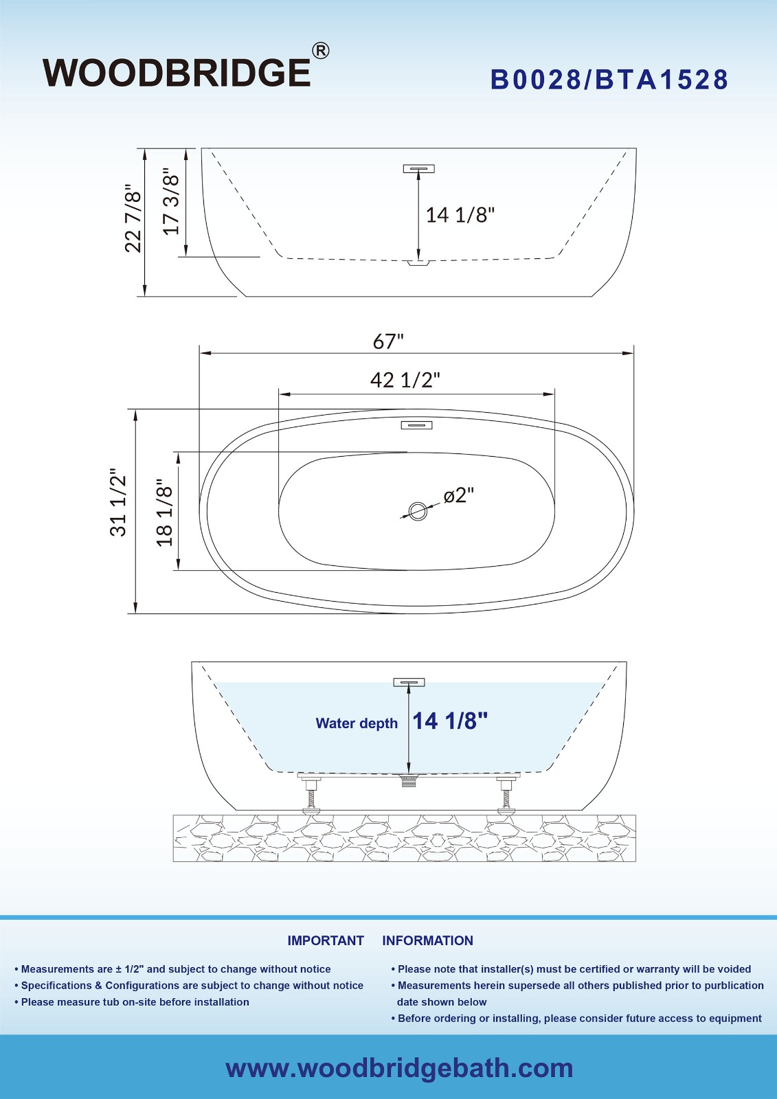 ᐅ【WOODBRIDGE 67" Acrylic Freestanding Bathtub Contemporary Soaking Tub