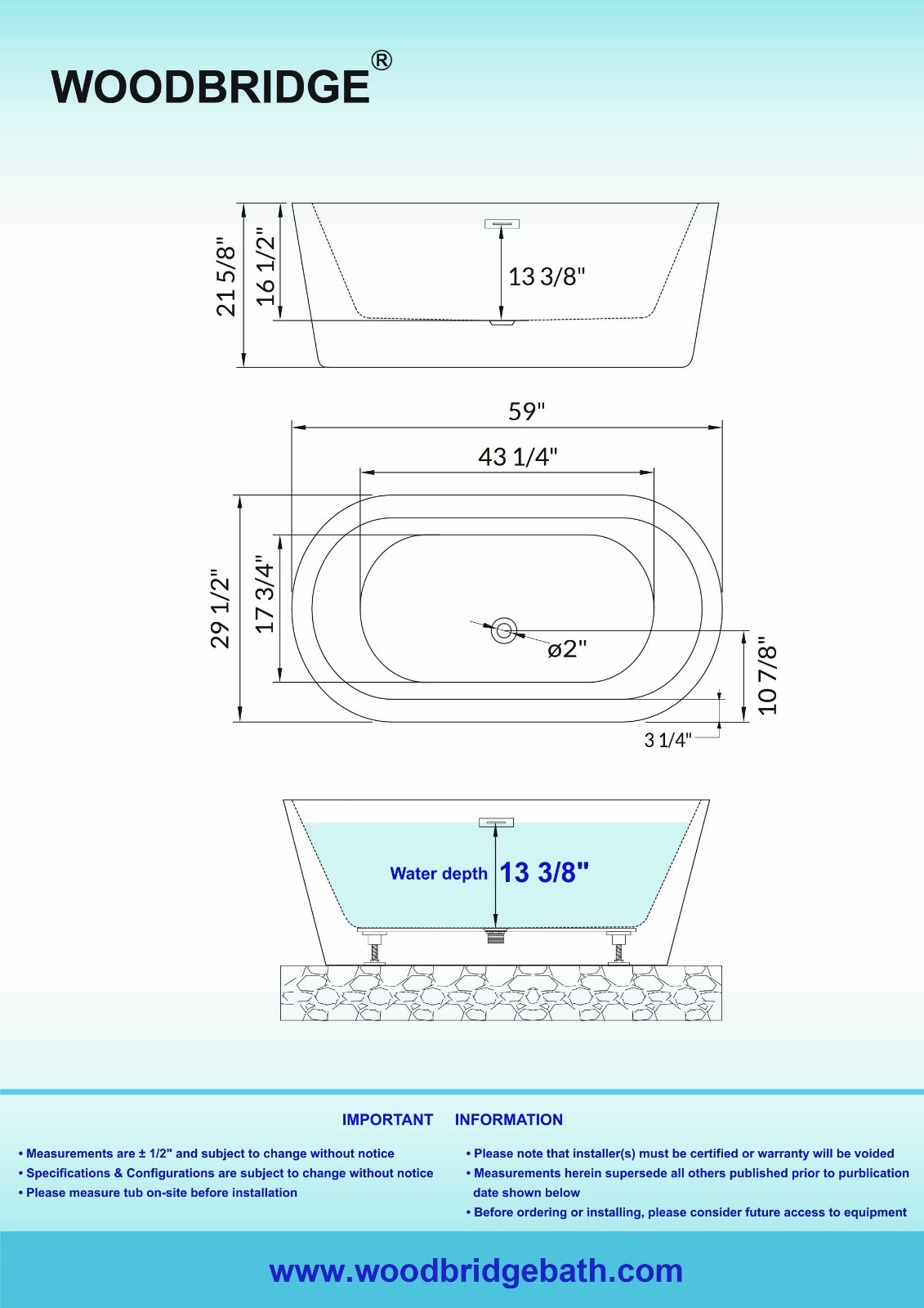 ᐅ【WOODBRIDGE 59" Acrylic Freestanding Bathtub Contemporary Soaking Tub