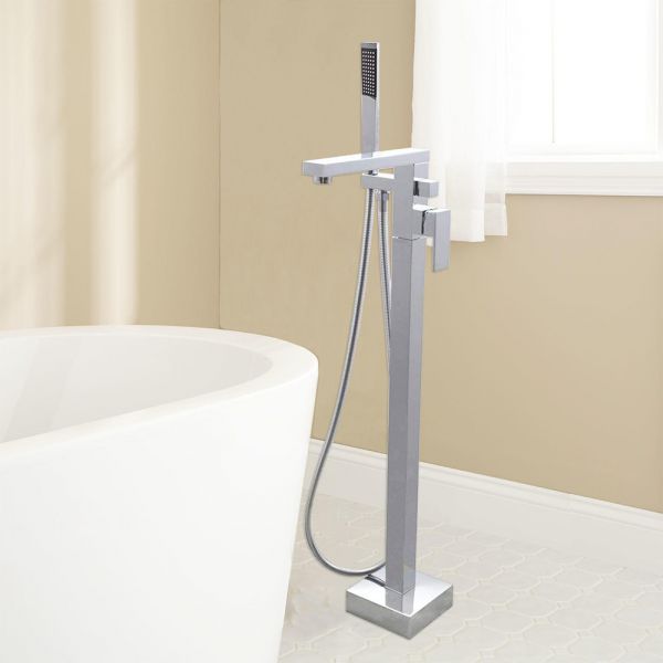  WOODBRIDGE F0003BN Contemporary Single Handle Floor Mount Freestanding Tub Filler Faucet with Hand shower in Brushed Nickel Finish.
