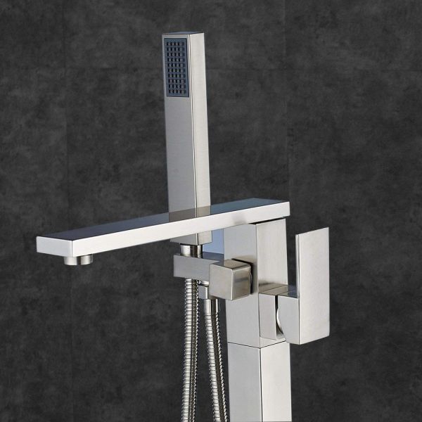  WOODBRIDGE F0003BN Contemporary Single Handle Floor Mount Freestanding Tub Filler Faucet with Hand shower in Brushed Nickel Finish._10668