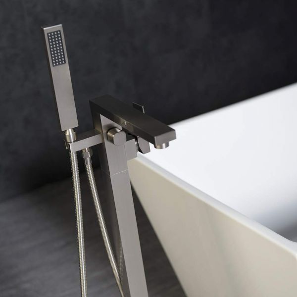  WOODBRIDGE F0003BN Contemporary Single Handle Floor Mount Freestanding Tub Filler Faucet with Hand shower in Brushed Nickel Finish._10670