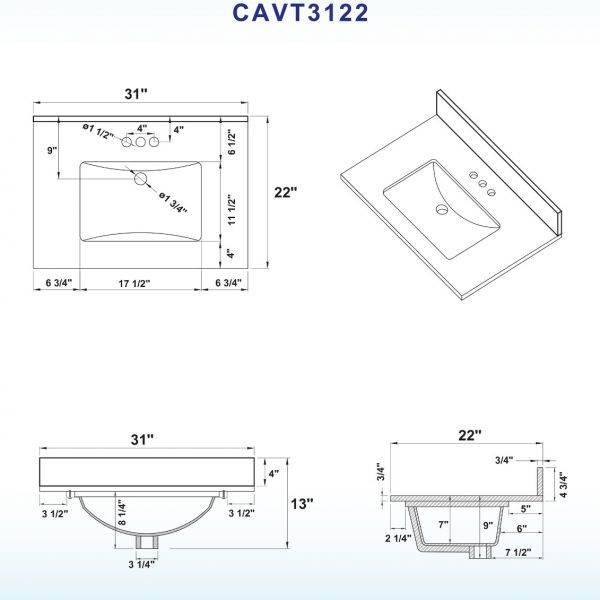  WOODBRIDGE CAVT3122-4 Vanity Top with Under Mount Bowl, 31