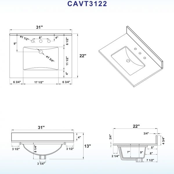  WOODBRIDGE CAVT3122-8 Vanity Top with Under Mount Bowl, 31