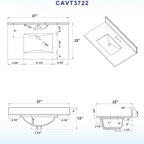  WOODBRIDGE CAVT3722-4 Vanity Top with Under Mount Bowl, 37