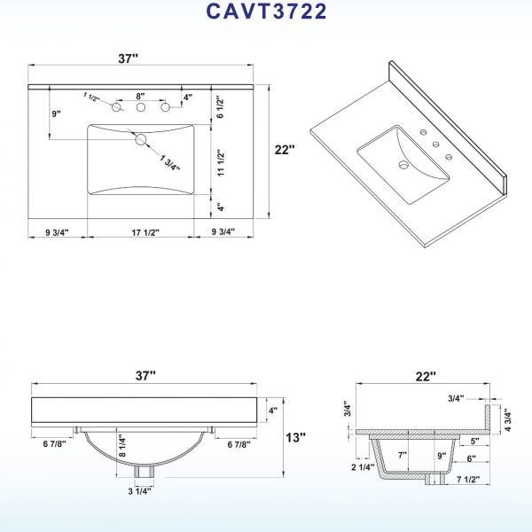  WOODBRIDGE CAVT3722-8 Vanity Top with Under Mount Bowl, 37