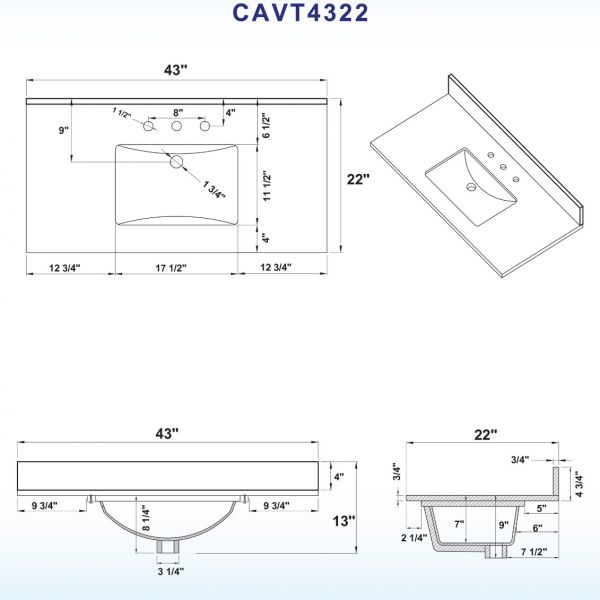  WOODBRIDGE CAVT4322-8 Vanity Top with Under Mount Bowl, 43
