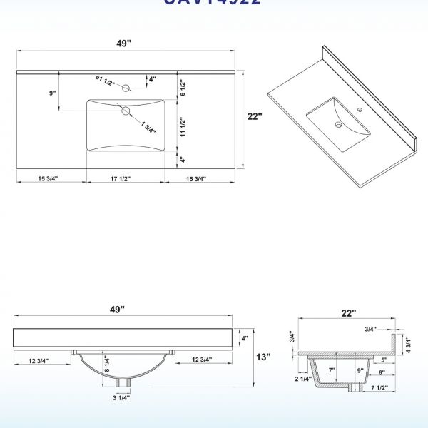  WOODBRIDGE CAVT4922-1 Vanity Top with Under Mount Bowl, 49