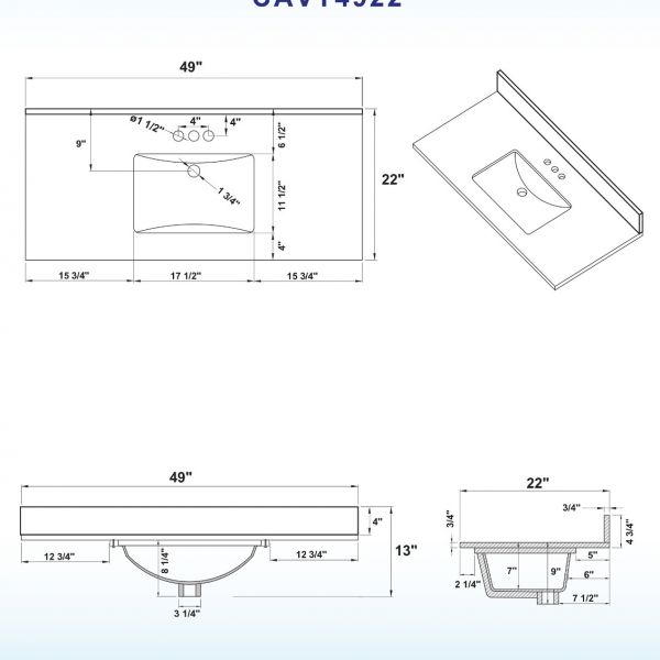 WOODBRIDGE CAVT4922-4 Vanity Top with Under Mount Bowl, 49
