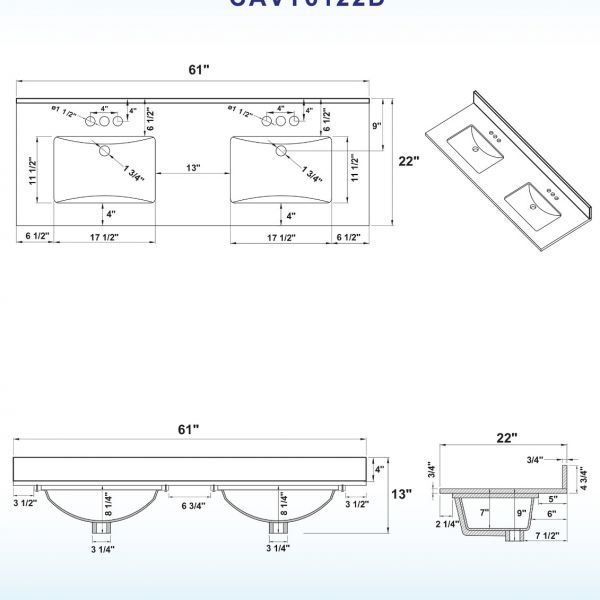  WOODBRIDGE CAVT6122D-4 Vanity Top with Under Mount Bowl, 61