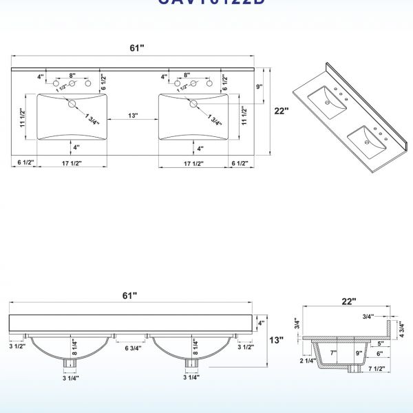  WOODBRIDGE CAVT6122D-8 Vanity Top with Under Mount Bowl, 61