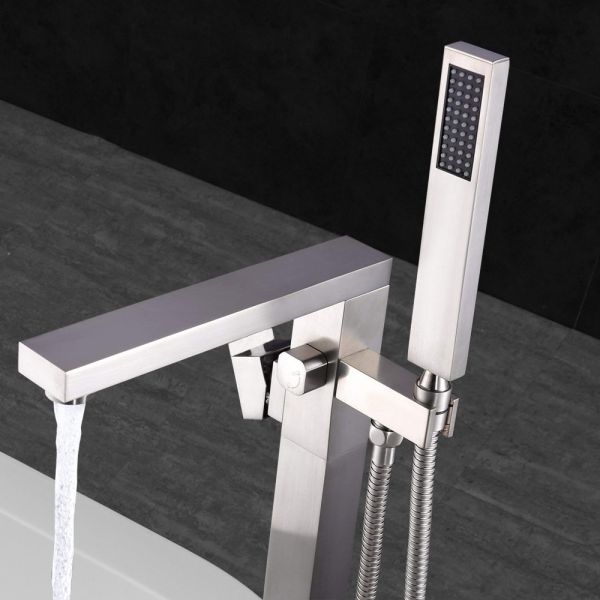  WOODBRIDGE F0004CH Contemporary Single Handle Floor Mount Freestanding Tub Filler Faucet with Hand shower in Chrome Finish._10391