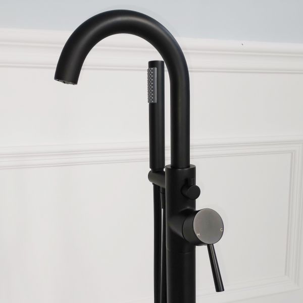  WOODBRIDGE F0006BLRD Contemporary Single Handle Floor Mount Freestanding Tub Filler Faucet with Hand shower in Matte Black Finish._10373