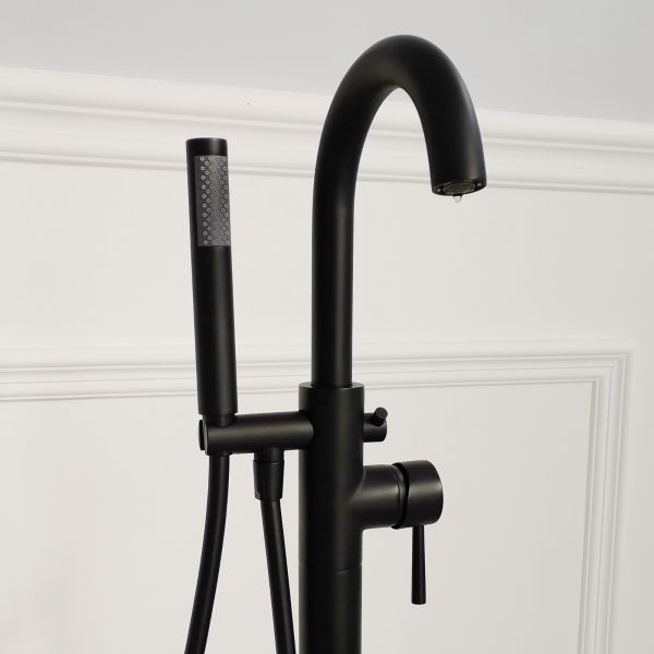  WOODBRIDGE F0006BLRD Contemporary Single Handle Floor Mount Freestanding Tub Filler Faucet with Hand shower in Matte Black Finish._10379