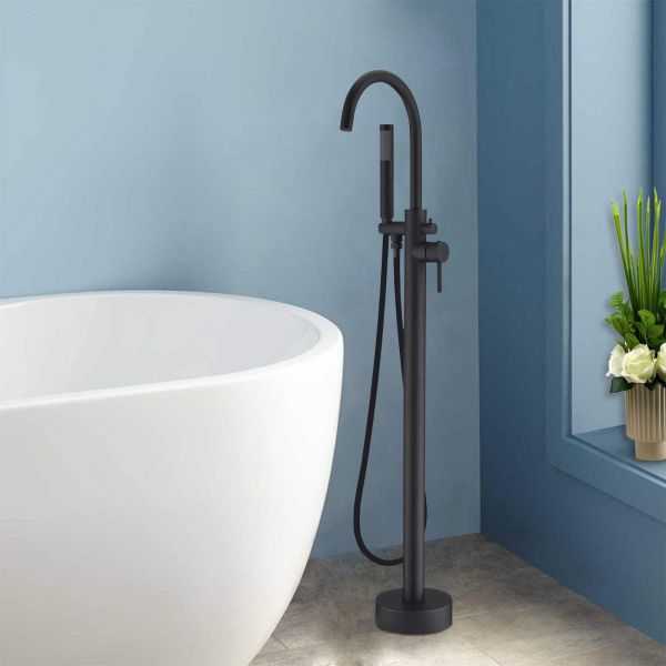  WOODBRIDGE F0006BLRD Contemporary Single Handle Floor Mount Freestanding Tub Filler Faucet with Hand shower in Matte Black Finish._10382