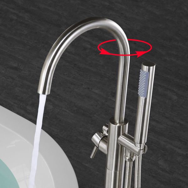 WOODBRIDGE F0001BNRD Contemporary Single Handle Floor Mount Freestanding Tub Filler Faucet with Hand shower in Brushed Nickel Finish.