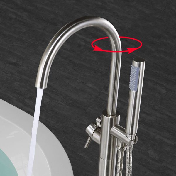 ᐅ【WOODBRIDGE F0001BNRD Contemporary Single Handle Floor Mount Freestanding  Tub Filler Faucet with Hand shower in Brushed Nickel Finish.-WOODBRIDGE】