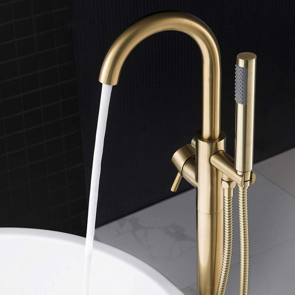  WOODBRIDGE F0007BGRD Contemporary Single Handle Floor Mount Freestanding Tub Filler Faucet with Hand shower in Brushed Gold Finish._10034