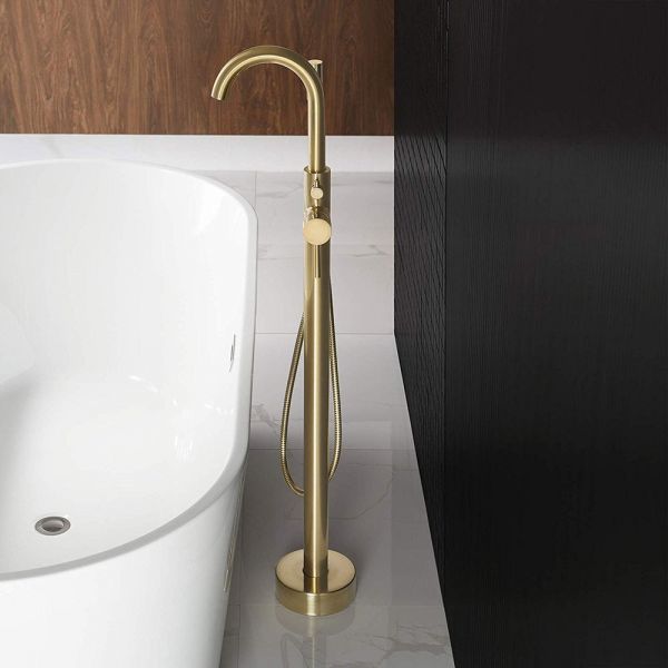 WOODBRIDGE F0007BGRD Contemporary Single Handle Floor Mount Freestanding Tub Filler Faucet with Hand shower in Brushed Gold Finish.