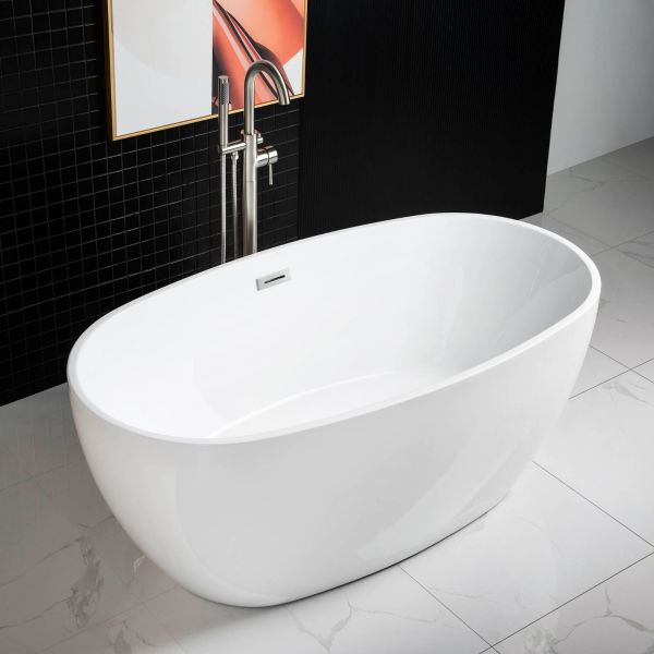 Empava Modern 31.5-in x 67-in White Acrylic Oval Freestanding Whirlpool Tub  with Faucet, Hand Shower and Drain (Center Drain) at