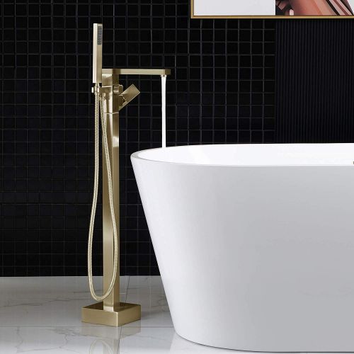 WOODBRIDGE F0008BG Contemporary Single Handle Floor Mount Freestanding Tub Filler Faucet with Hand shower in Brushed Gold Finish.