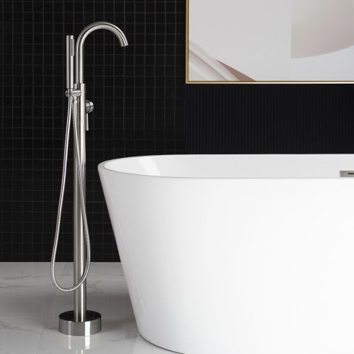WOODBRIDGE F0001BNRD Contemporary Single Handle Floor Mount Freestanding Tub Filler Faucet with Hand shower in Brushed Nickel Finish.