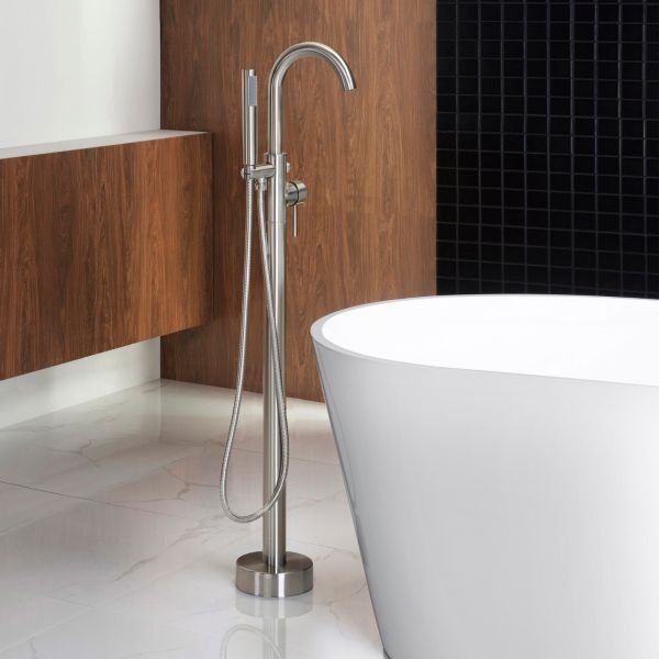  WOODBRIDGE F0001BNRD Contemporary Single Handle Floor Mount Freestanding Tub Filler Faucet with Hand shower in Brushed Nickel Finish._11093