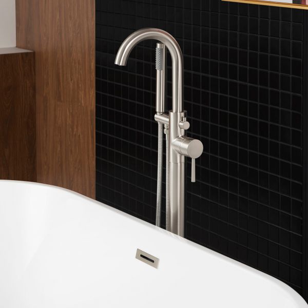  WOODBRIDGE F0001BNRD Contemporary Single Handle Floor Mount Freestanding Tub Filler Faucet with Hand shower in Brushed Nickel Finish._11106