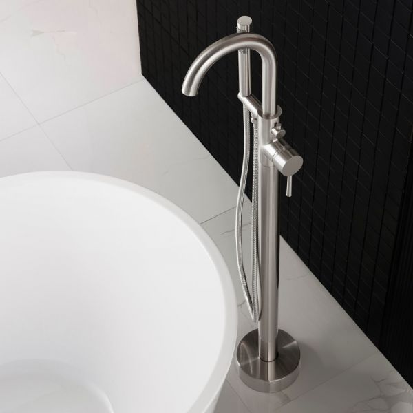 WOODBRIDGE F0001BNRD Contemporary Single Handle Floor Mount Freestanding Tub Filler Faucet with Hand shower in Brushed Nickel Finish.