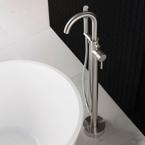  WOODBRIDGE F0001BNRD Contemporary Single Handle Floor Mount Freestanding Tub Filler Faucet with Hand shower in Brushed Nickel Finish._11107