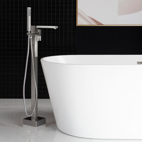  WOODBRIDGE F0003BN Contemporary Single Handle Floor Mount Freestanding Tub Filler Faucet with Hand shower in Brushed Nickel Finish._10658