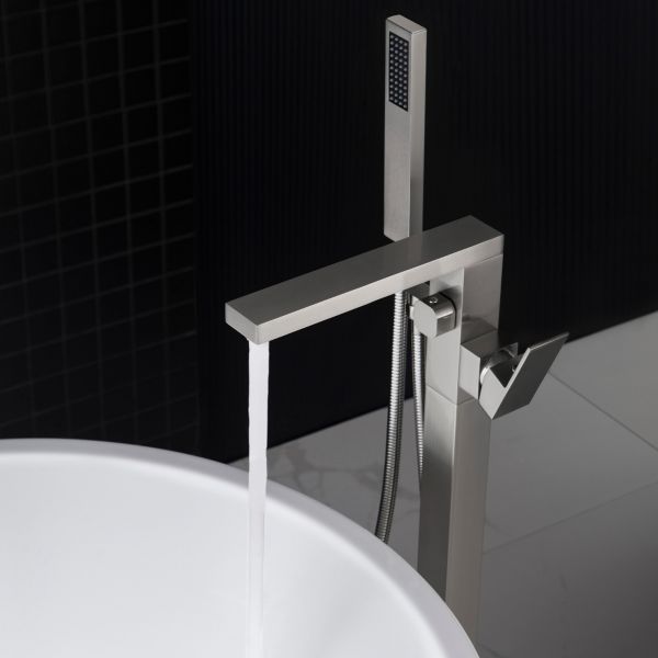 WOODBRIDGE F0003BN Contemporary Single Handle Floor Mount Freestanding Tub Filler Faucet with Hand shower in Brushed Nickel Finish.
