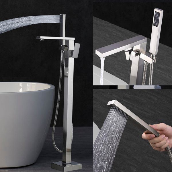  WOODBRIDGE F0003BN Contemporary Single Handle Floor Mount Freestanding Tub Filler Faucet with Hand shower in Brushed Nickel Finish._10664