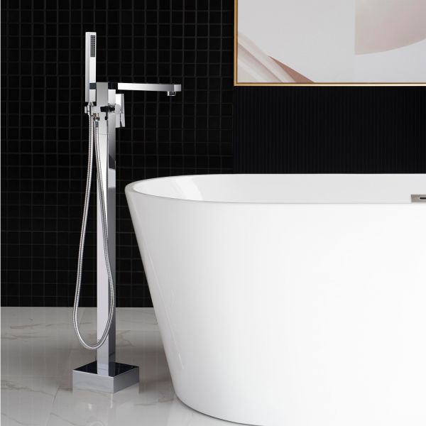 WOODBRIDGE F0004CH Contemporary Single Handle Floor Mount Freestanding Tub Filler Faucet with Hand shower in Chrome Finish.