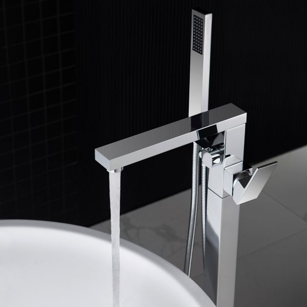  WOODBRIDGE F0004CH Contemporary Single Handle Floor Mount Freestanding Tub Filler Faucet with Hand shower in Chrome Finish._10385