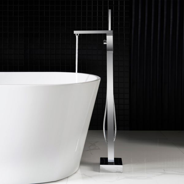  WOODBRIDGE F0004CH Contemporary Single Handle Floor Mount Freestanding Tub Filler Faucet with Hand shower in Chrome Finish._10392