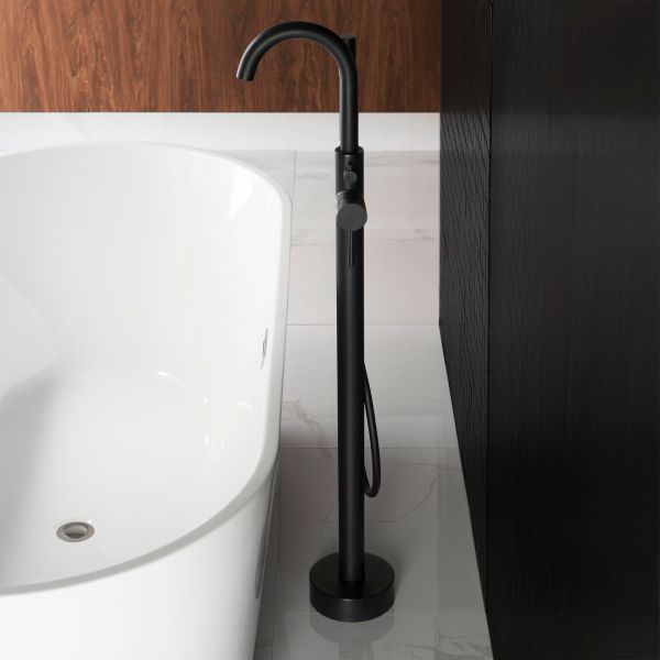  WOODBRIDGE F0006BLRD Contemporary Single Handle Floor Mount Freestanding Tub Filler Faucet with Hand shower in Matte Black Finish._10372