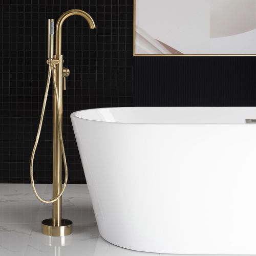 WOODBRIDGE F0007BGRD Contemporary Single Handle Floor Mount Freestanding Tub Filler Faucet with Hand shower in Brushed Gold Finish.