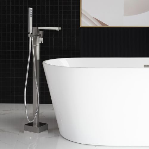 WOODBRIDGE F0003BN Contemporary Single Handle Floor Mount Freestanding Tub Filler Faucet with Hand shower in Brushed Nickel Finish.