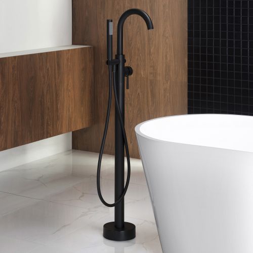 WOODBRIDGE F0006BLRD Contemporary Single Handle Floor Mount Freestanding Tub Filler Faucet with Hand shower in Matte Black Finish.