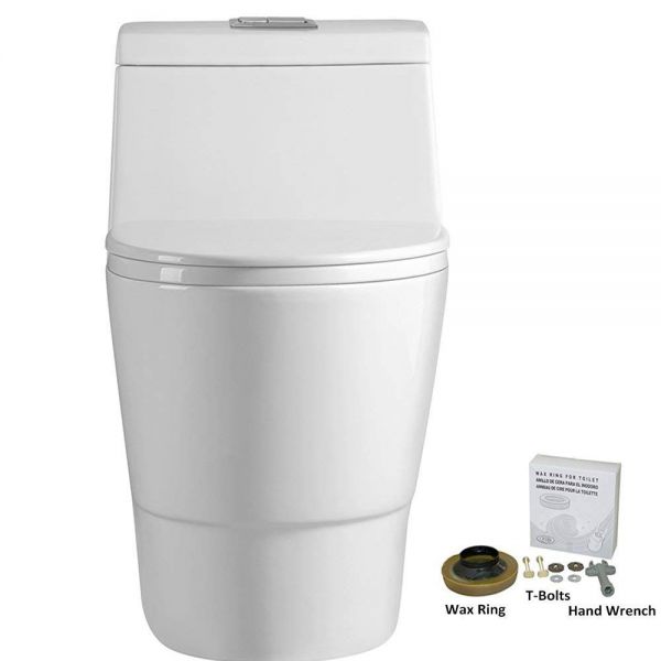 WOODBRIDGE T-0019, Dual Flush Elongated One Piece Toilet with Soft Closing Seat, Chair Height, Water Sense, High-Efficiency, T-0019 Rectangle Button