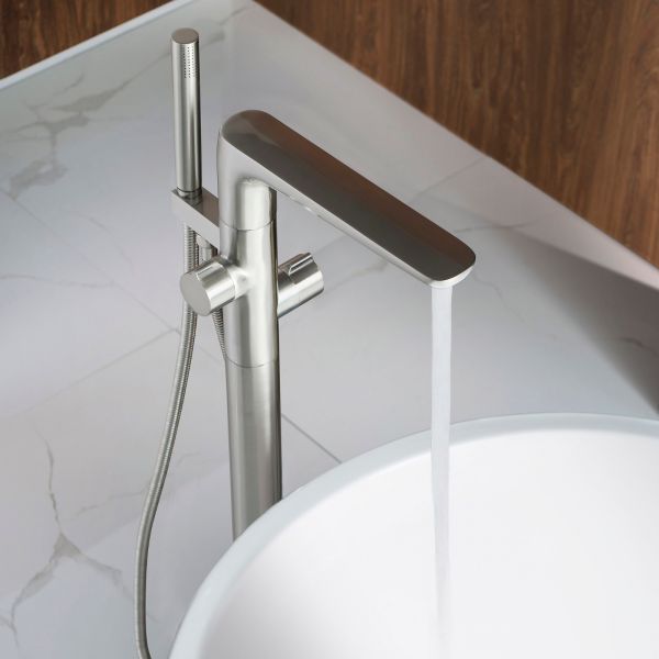  WOODBRIDGE F0014BN Contemporary Single Handle Floor Mount Freestanding Tub Filler Faucet with Hand shower in Brushed Nickel Finish._9199