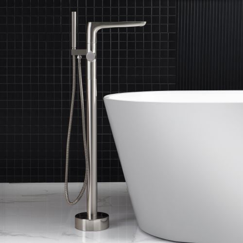 WOODBRIDGE F0014BN Contemporary Single Handle Floor Mount Freestanding Tub Filler Faucet with Hand shower in Brushed Nickel Finish.
