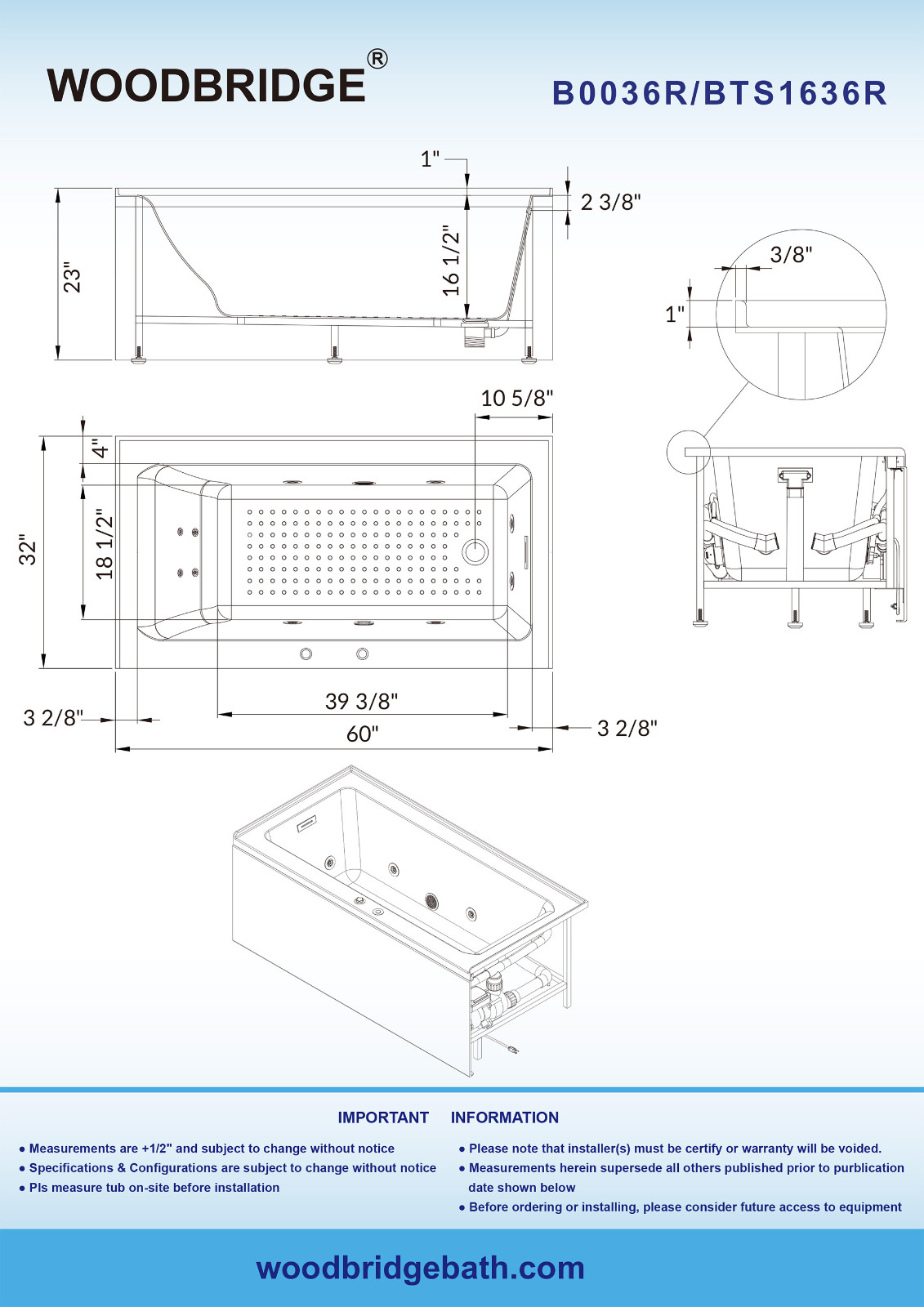 WOODBRIDGE 60" Whirlpool Water Jetted Alcove Tub with Right Hand Drain