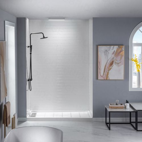 WOODBRIDGE SWP603696-1-SU-H Solid Surface 3-Panel Shower Wall Kit, 36-in L x 60-in W x 96-in H, Staggered Brick Pattern, High Gloss, White
