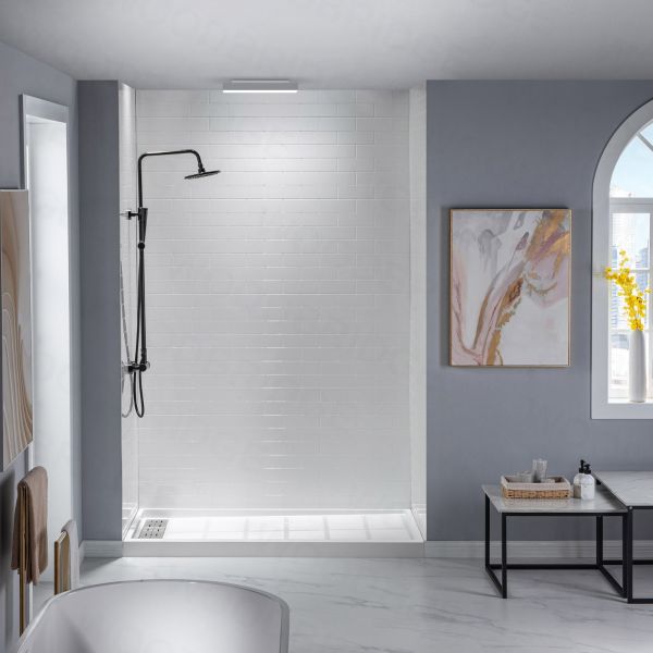  WOODBRIDGE SWP603696-1-SU-H Solid Surface 3-Panel Shower Wall Kit, 36-in L x 60-in W x 96-in H, Staggered Brick Pattern, High Gloss, White_8469