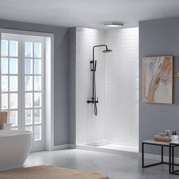  WOODBRIDGE SWP603696-1-SU-H Solid Surface 3-Panel Shower Wall Kit, 36-in L x 60-in W x 96-in H, Staggered Brick Pattern, High Gloss, White_8470