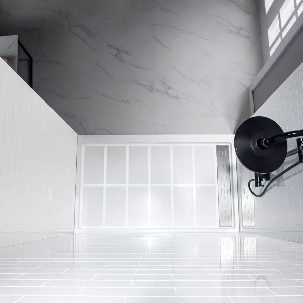  WOODBRIDGE SWP603696-1-SU-H Solid Surface 3-Panel Shower Wall Kit, 36-in L x 60-in W x 96-in H, Staggered Brick Pattern, High Gloss, White_8474