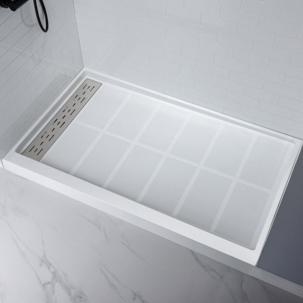  WOODBRIDGE SWP603696-1-SU-H Solid Surface 3-Panel Shower Wall Kit, 36-in L x 60-in W x 96-in H, Staggered Brick Pattern, High Gloss, White_8475