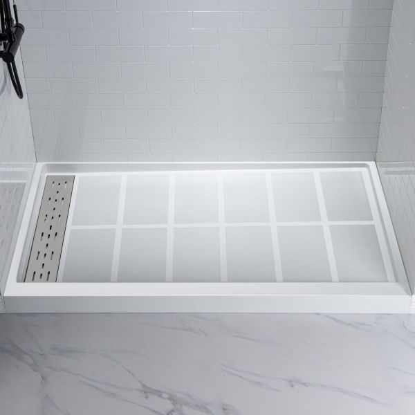  WOODBRIDGE SWP603696-1-SU-H Solid Surface 3-Panel Shower Wall Kit, 36-in L x 60-in W x 96-in H, Staggered Brick Pattern, High Gloss, White_8476