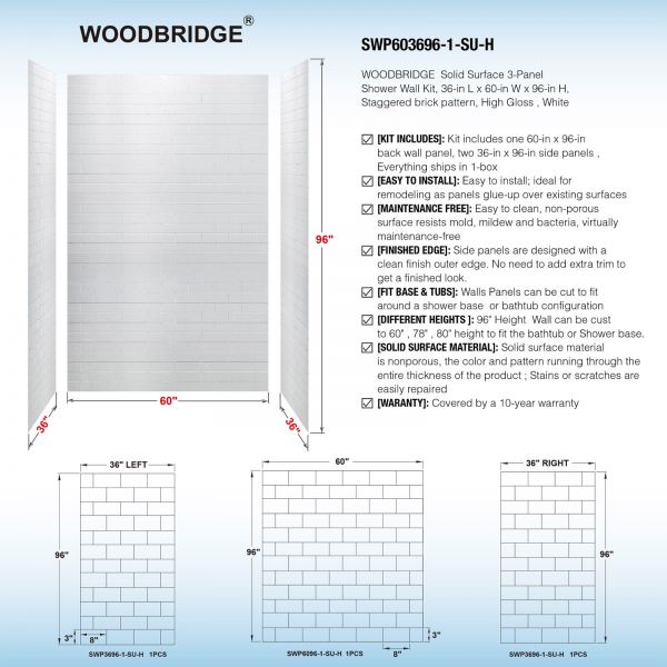  WOODBRIDGE SWP603696-1-SU-H Solid Surface 3-Panel Shower Wall Kit, 36-in L x 60-in W x 96-in H, Staggered Brick Pattern, High Gloss, White